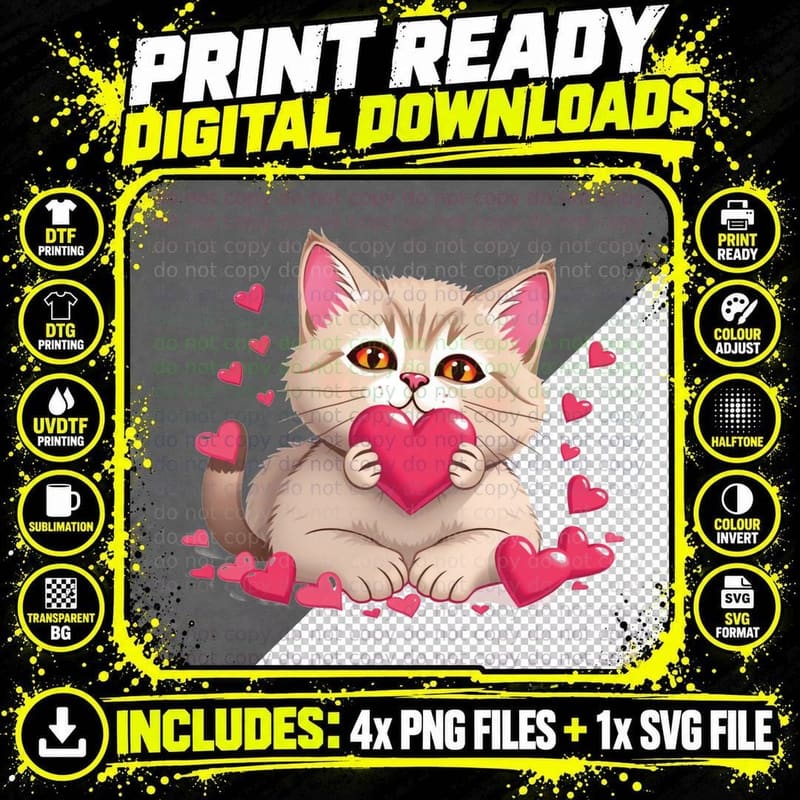 Fluffy Cream Cat Large Kitten Holding Pink Heart T-Shirt Png SVG Digital Bundle