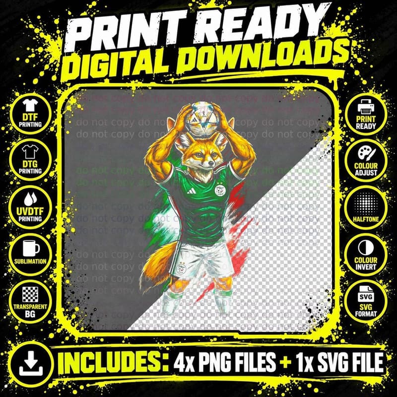 Fox Footballer Mascot Mexico Green Kit Both Arms Raised Png SVG Digital Bundle