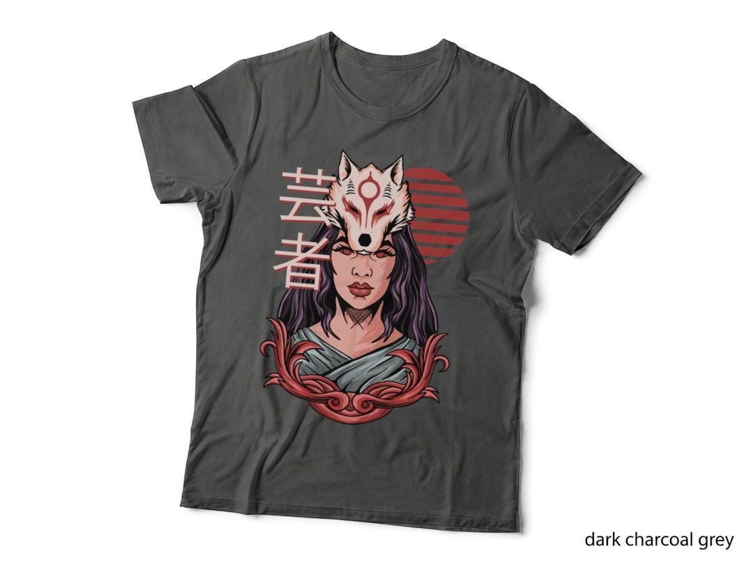Fox Mask Woman Japanese Kanji Red Retro T-Shirt