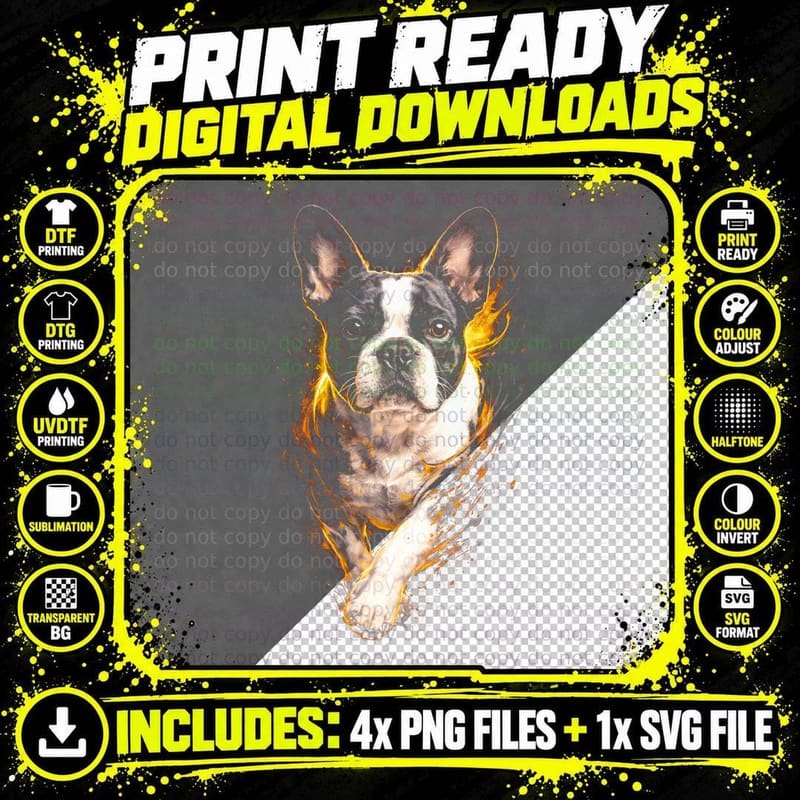 French Bulldog T-Shirt, Halftone Flame Frenchie Graphic Png SVG Digital Bundle