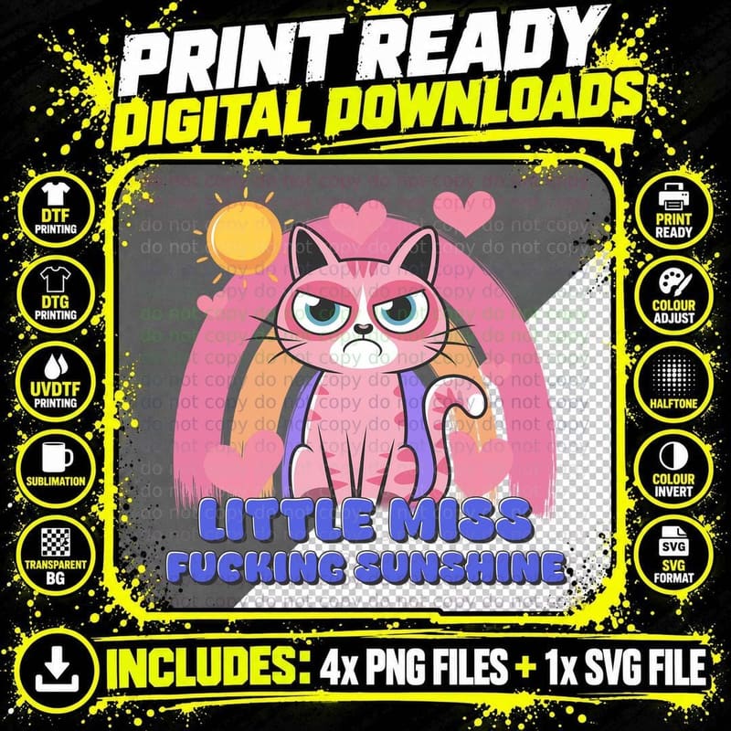 Fucking Sunshine Cat T-Shirt, Pink Cat with Angry Png SVG Digital Bundle