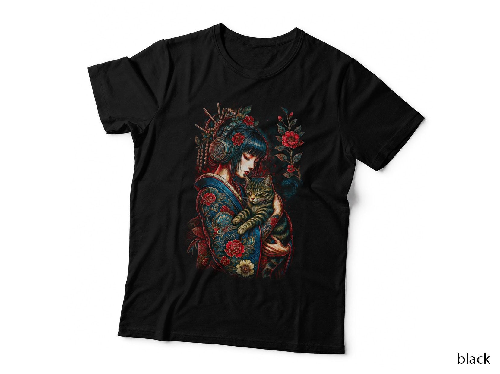 Geisha with Cat T-Shirt, Halftone Modern Japanese Graphic Tee