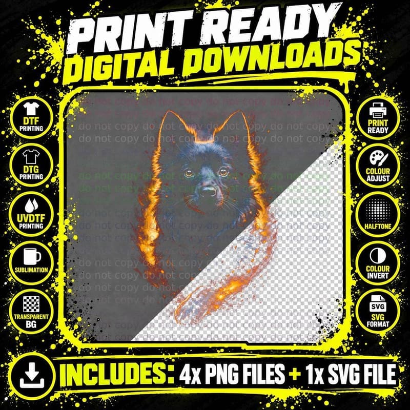 German Shepherd T-Shirt, Halftone Black Fire Shepherd Png SVG Digital Bundle