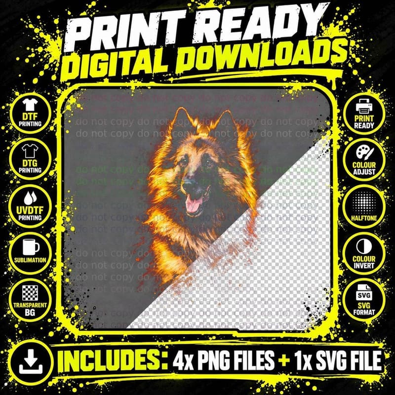 German Shepherd T-Shirt, Halftone Fiery Orange Shepherd Png SVG Digital Bundle