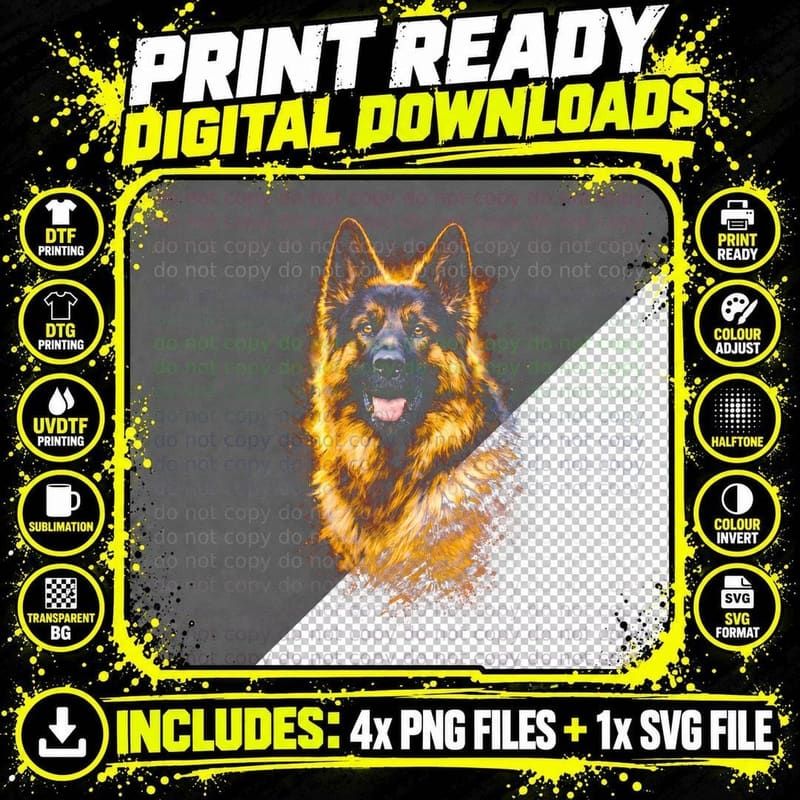 German Shepherd T-Shirt, Halftone Fire German Shepherd Png SVG Digital Bundle