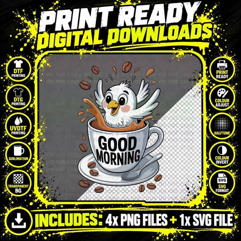 Good Morning Coffee T-Shirt, Bird in Coffee Cup Splash Png SVG Digital Bundle