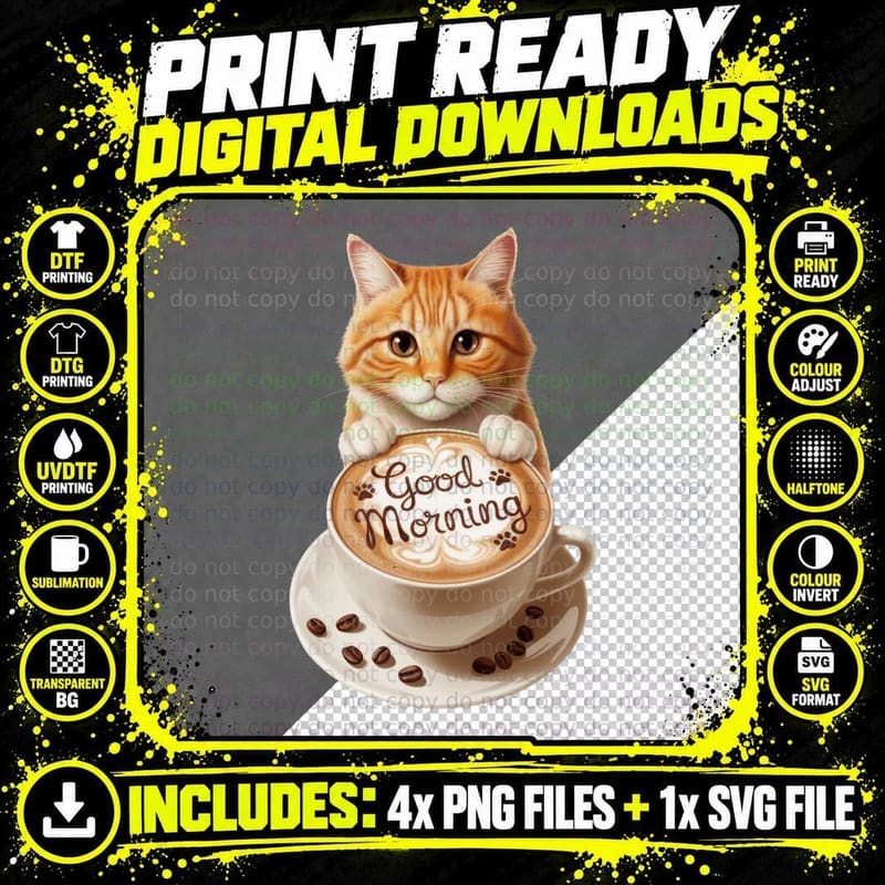 Good Morning Coffee T-Shirt, Cat Holding Coffee Cup with Png SVG Digital Bundle