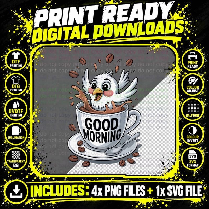 Good Morning Coffee T-Shirt, Coffee Bird Splashing in Png SVG Digital Bundle