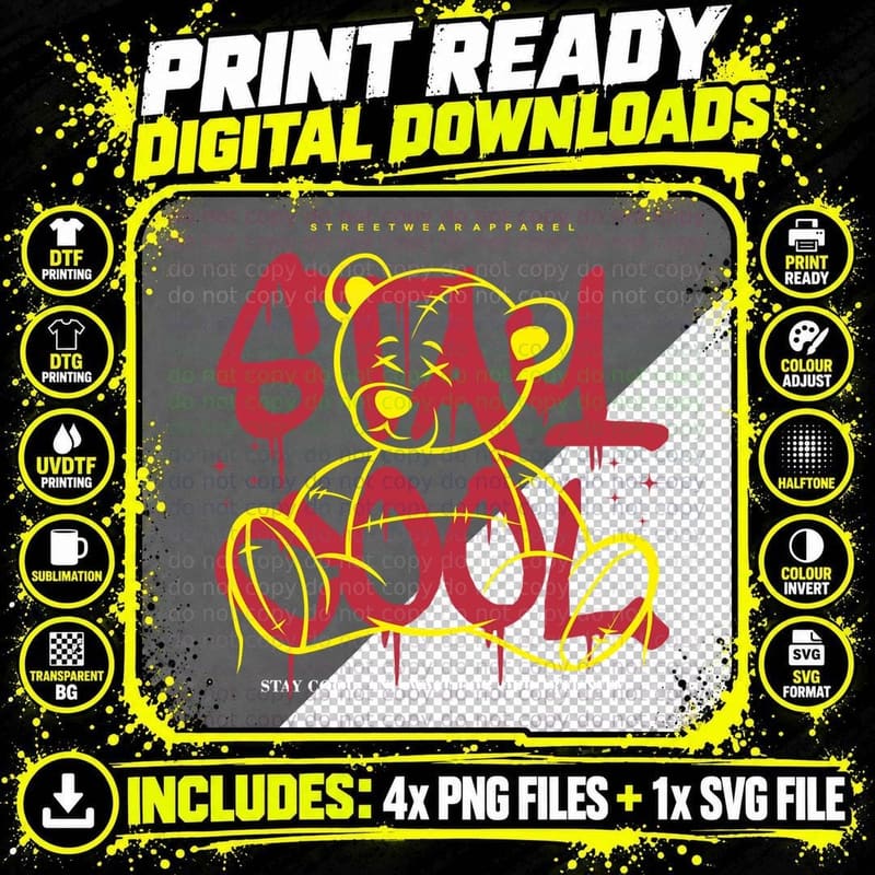 Good Stay Cool and Happy Red Yellow Bear Streetwear Png SVG Digital Bundle