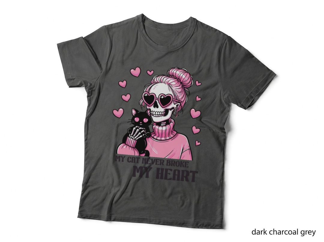 Goth Girl My Cat Never Broke Heart Skull Eyes with Pink Hair and Black T-Shirt