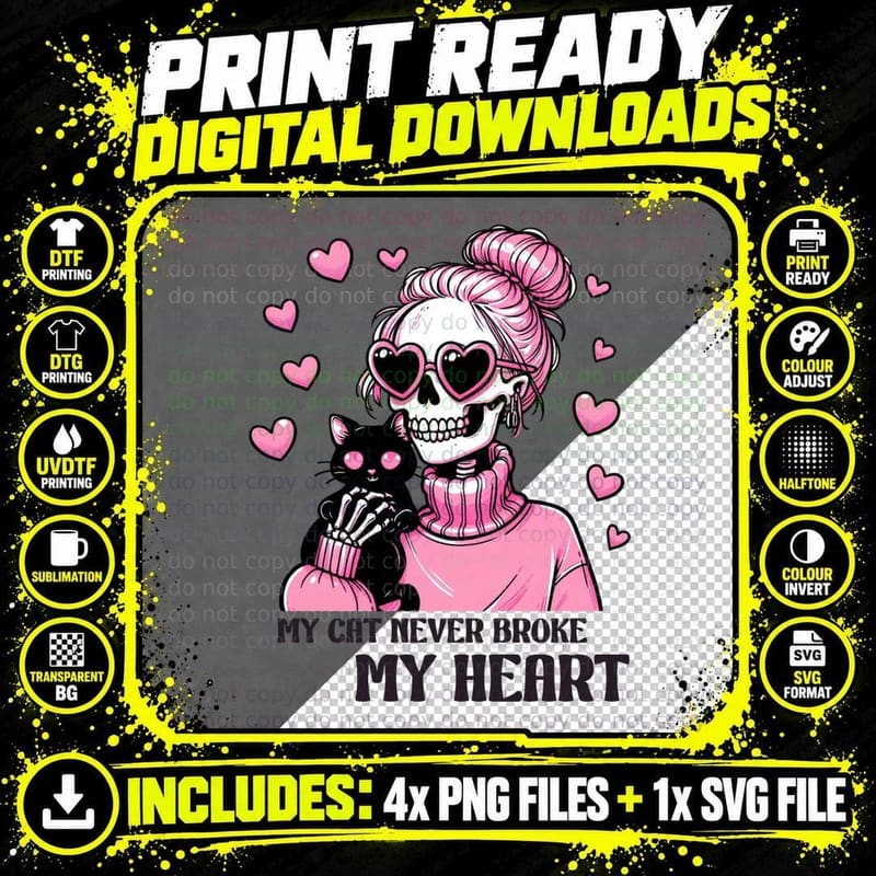 Goth Girl My Cat Never Broke Heart Skull Eyes with Pink Png SVG Digital Bundle