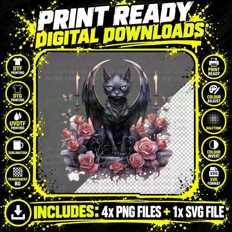Gothic Cat Surrounded by Roses and Candles Cat T-Shirt Png SVG Digital Bundle