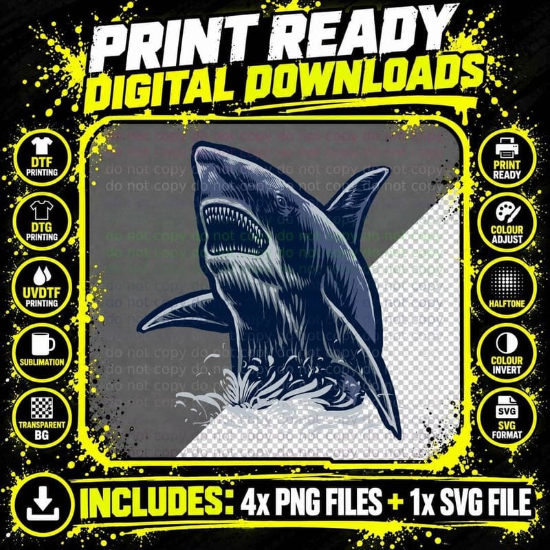 Great White Shark Ocean Blue Teeth Sketch T-Shirt Png SVG Digital Bundle