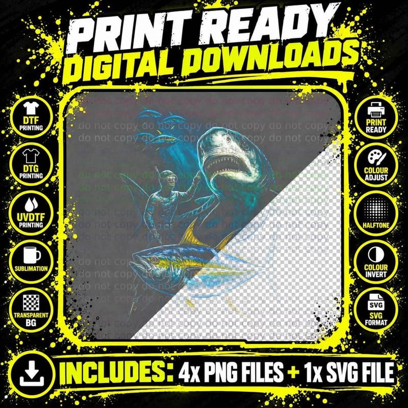 Great White Shark T-Shirt, Halftone Deep Sea Shark Png SVG Digital Bundle
