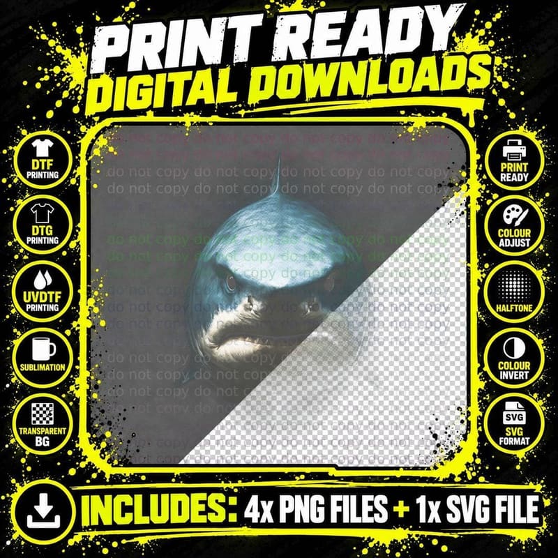 Great White Shark T-Shirt, Halftone Shark Portrait Png SVG Digital Bundle