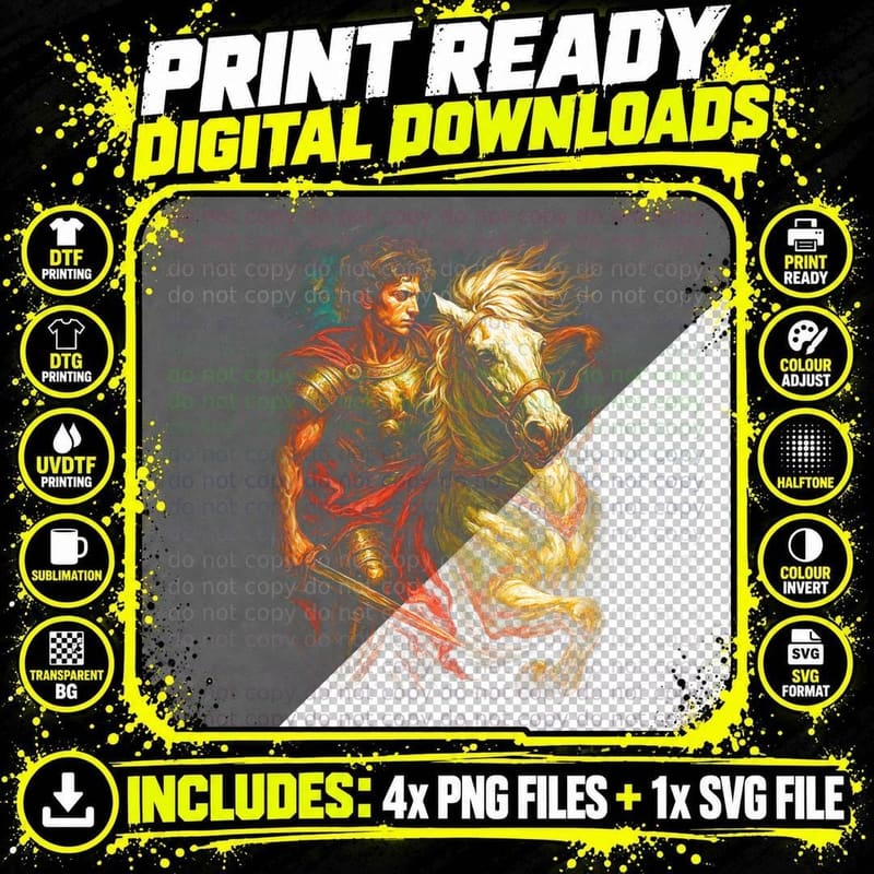 Greek Hero Rider T-Shirt, Halftone Ancient Warrior Horse Png SVG Digital Bundle