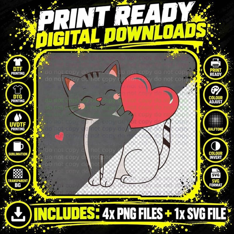 Grey Cat Holding Heart and White Kitten Red Happy T-Shirt Png SVG Digital Bundle