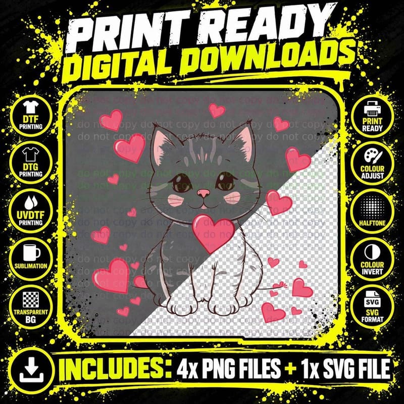 Grey Cat Pink Heart Kitten with Hearts Surrounding Cute Png SVG Digital Bundle