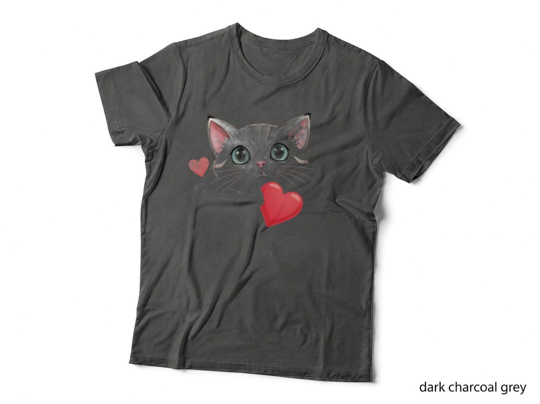 Grey White Cat Heart Light Face with Red T-Shirt