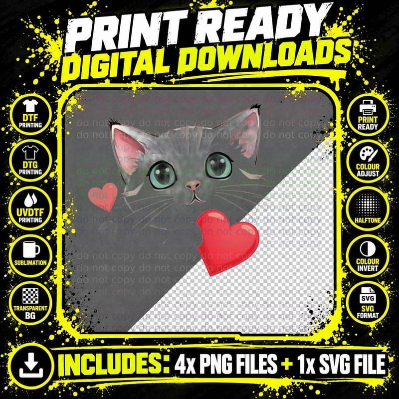 Grey White Cat Heart Light Face with Red T-Shirt Png SVG Digital Bundle