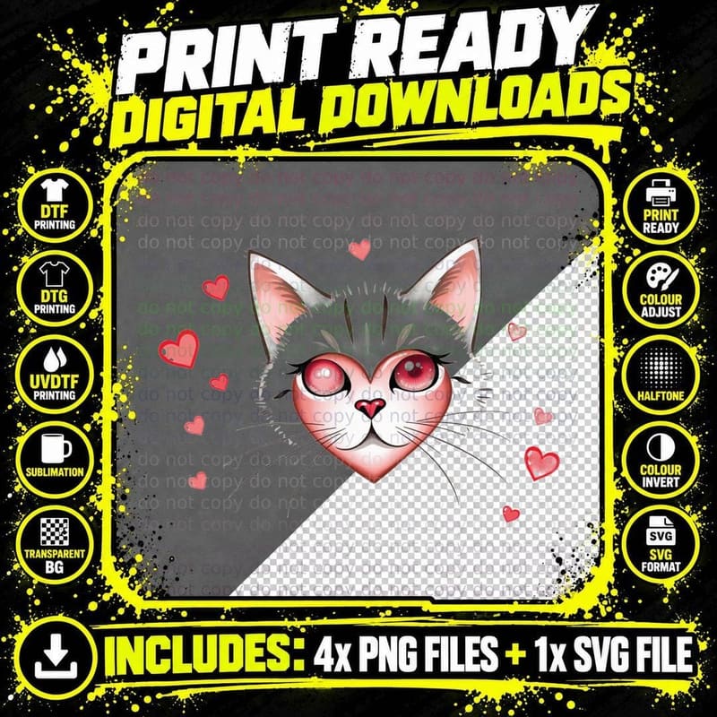 Grey White Cat Heart and Face with Heart-Shaped Eyes Png SVG Digital Bundle