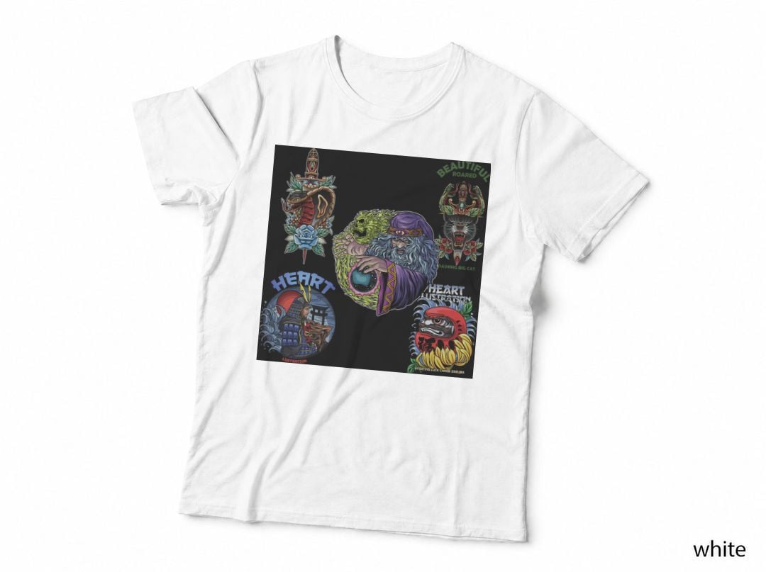 Grid Multi Designs Beautiful Roared Heart Lighting Big Cat Skull Hearts T-Shirt