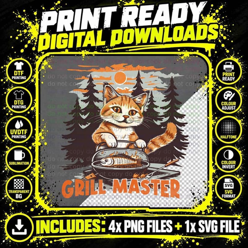 Grill Master Cat T-Shirt, Cat Grilling Fish in Forest Png SVG Digital Bundle