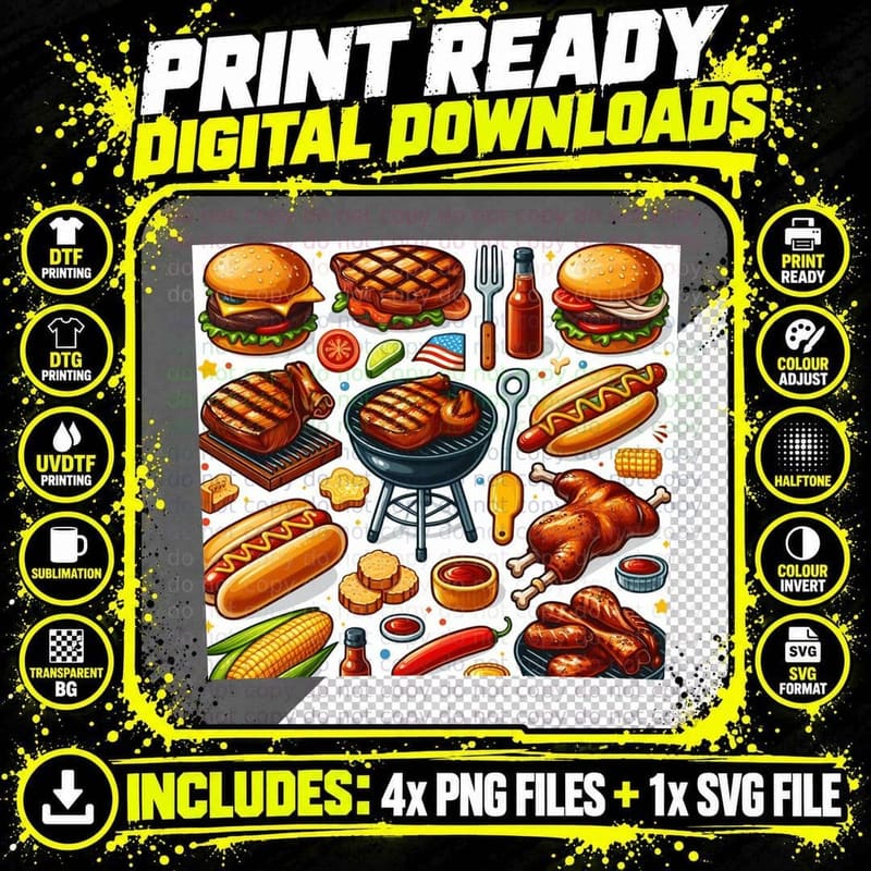Grilled BBQ Feast with Burgers Hot Dogs Chicken and BBQ Png SVG Digital Bundle