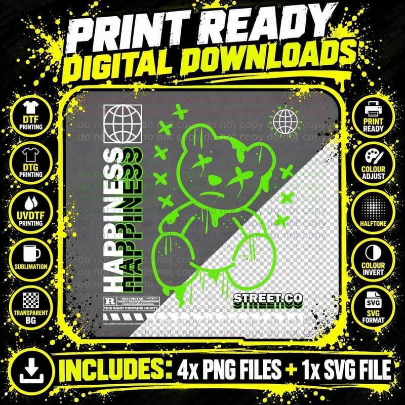 Happiness Street.co Green Bear Neon Outline Streetwear Png SVG Digital Bundle
