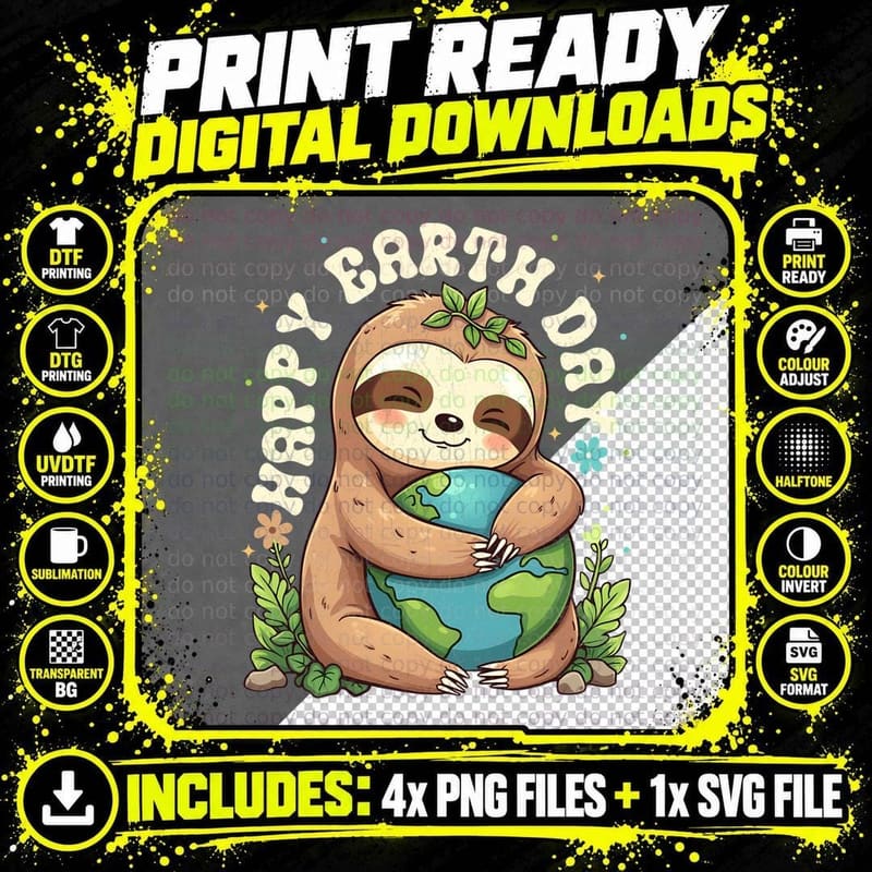 Happy Earth Day Earth Day T-Shirt, Sloth Hugging Earth Png SVG Digital Bundle
