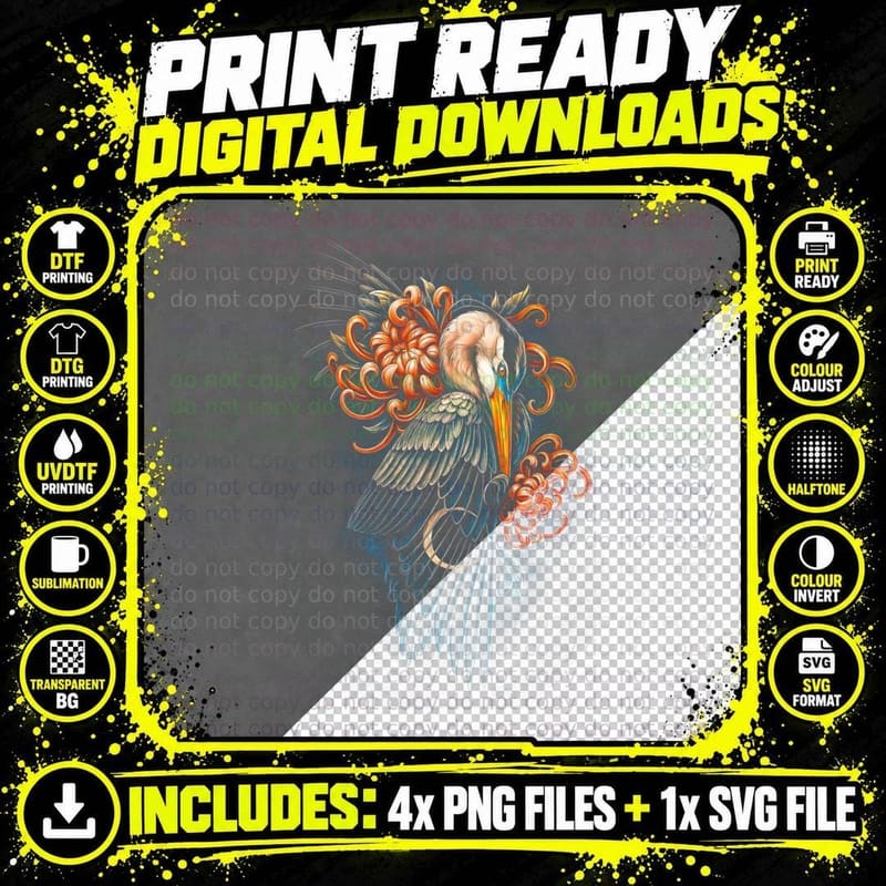 Heron T-Shirt, Halftone Baroque Heron Scroll Graphic Tee Png SVG Digital Bundle