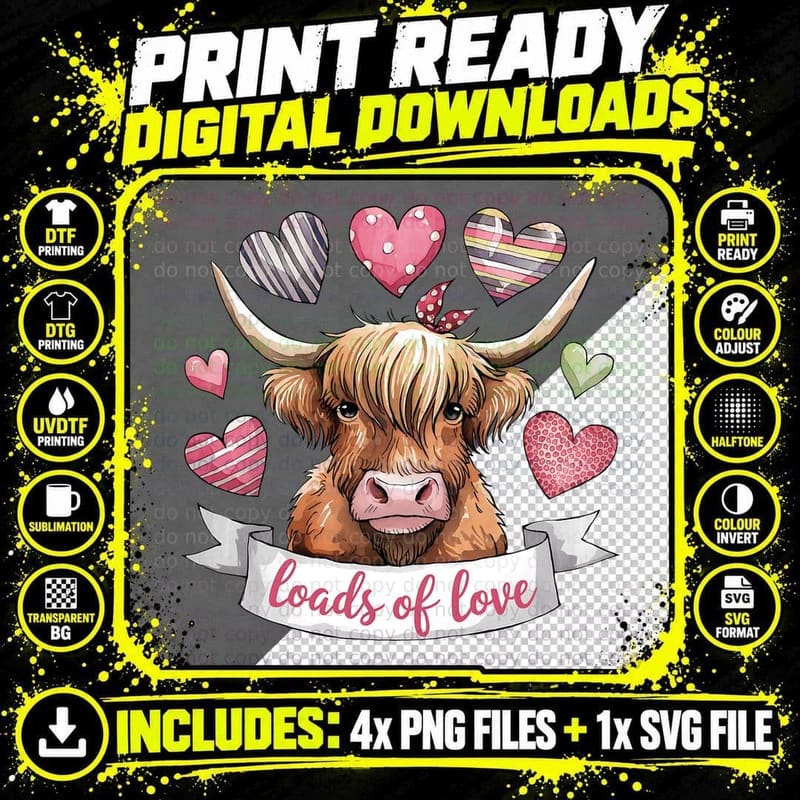 Highland Cattle Loads of Love with Patterned Hearts Farm Png SVG Digital Bundle