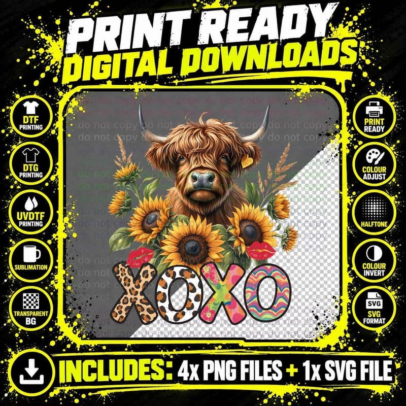 Highland Cattle XOXO with Sunflowers Farm Sweetheart Png SVG Digital Bundle
