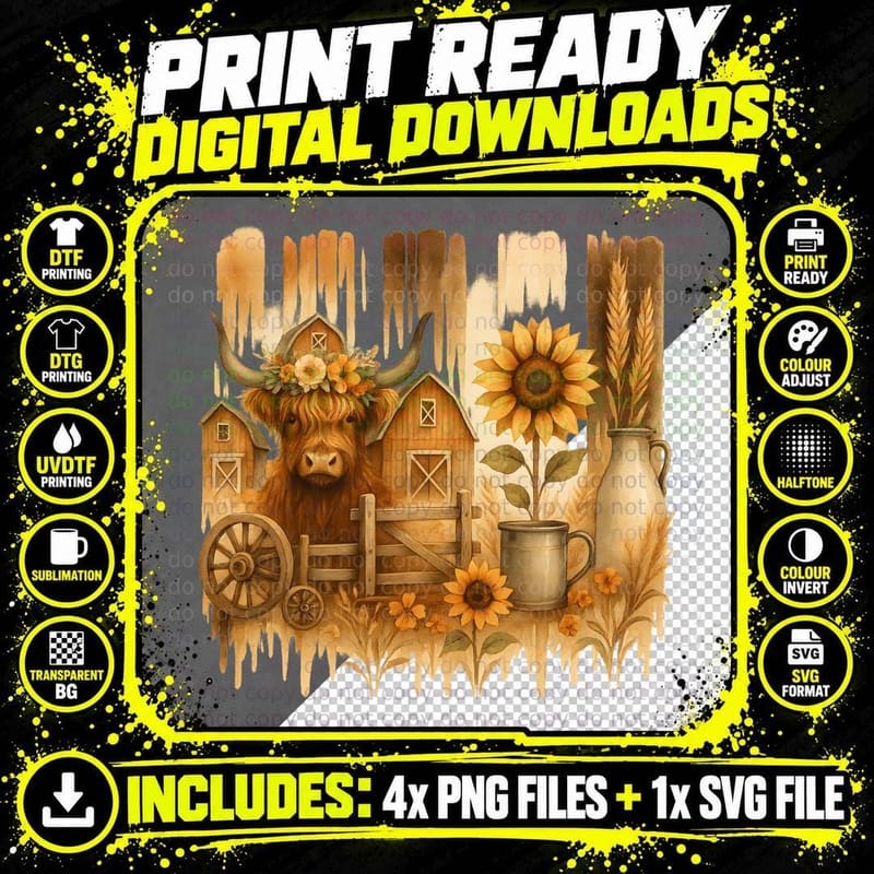 Highland Cow Farm Scene with Sunflowers Farmer T-Shirt Png SVG Digital Bundle