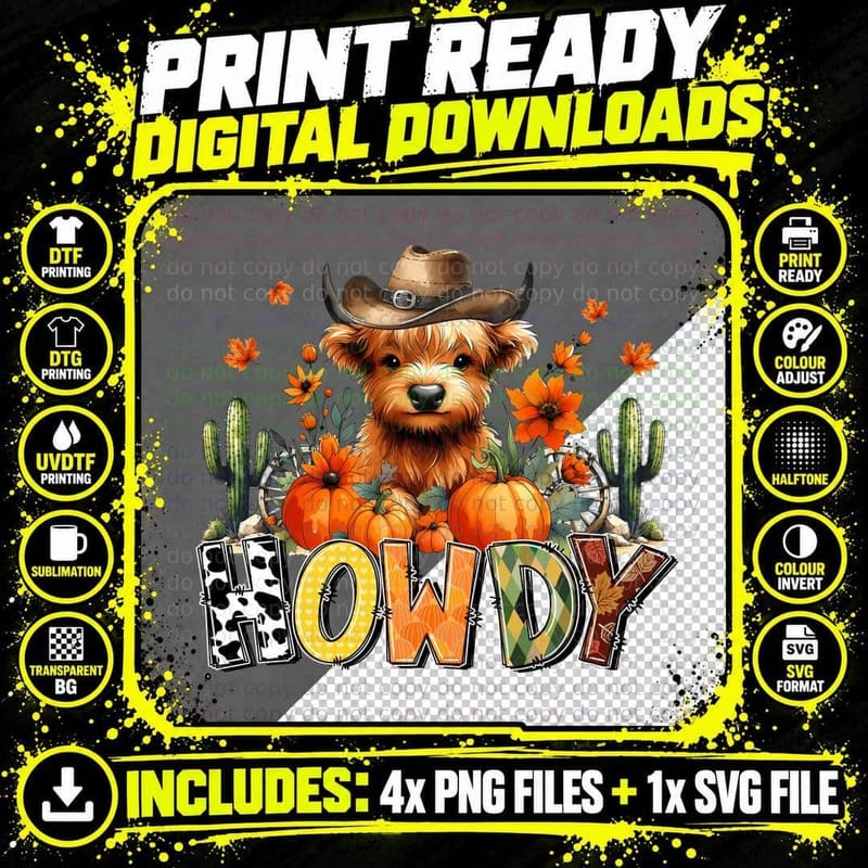 Howdy Fall T-Shirt, Cute Dog Cowboy Pumpkins Cacti Png SVG Digital Bundle