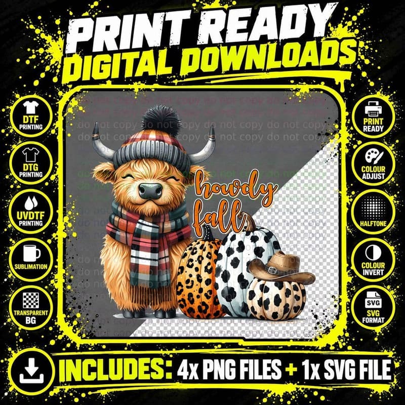 Howdy Fall T-Shirt, Highland Cow Plaid Scarf Pumpkins Png SVG Digital Bundle