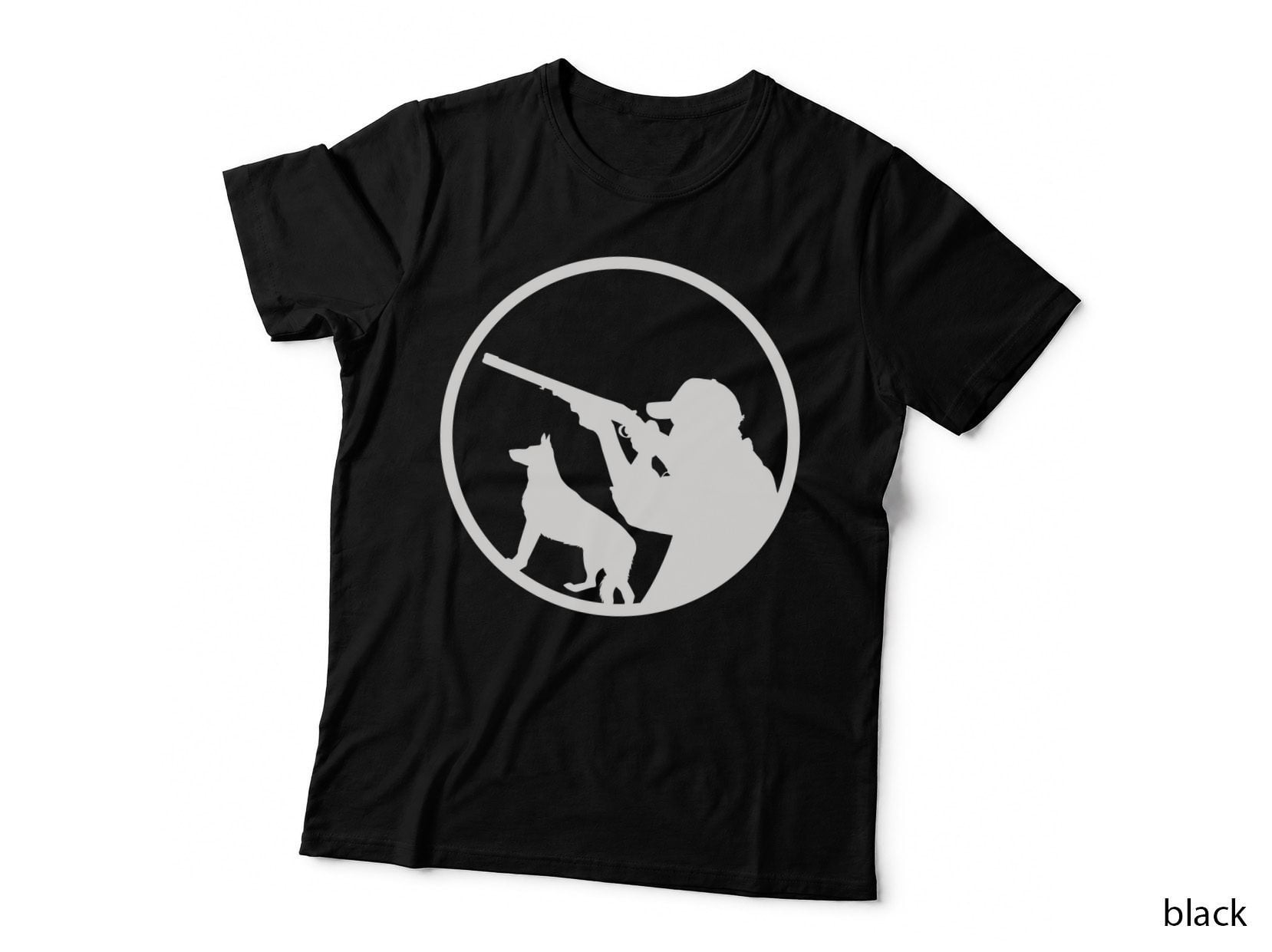 Hunter with Dog Aiming Rifle T-Shirt, Trendy Graphic Tee, Cool Design Shirt