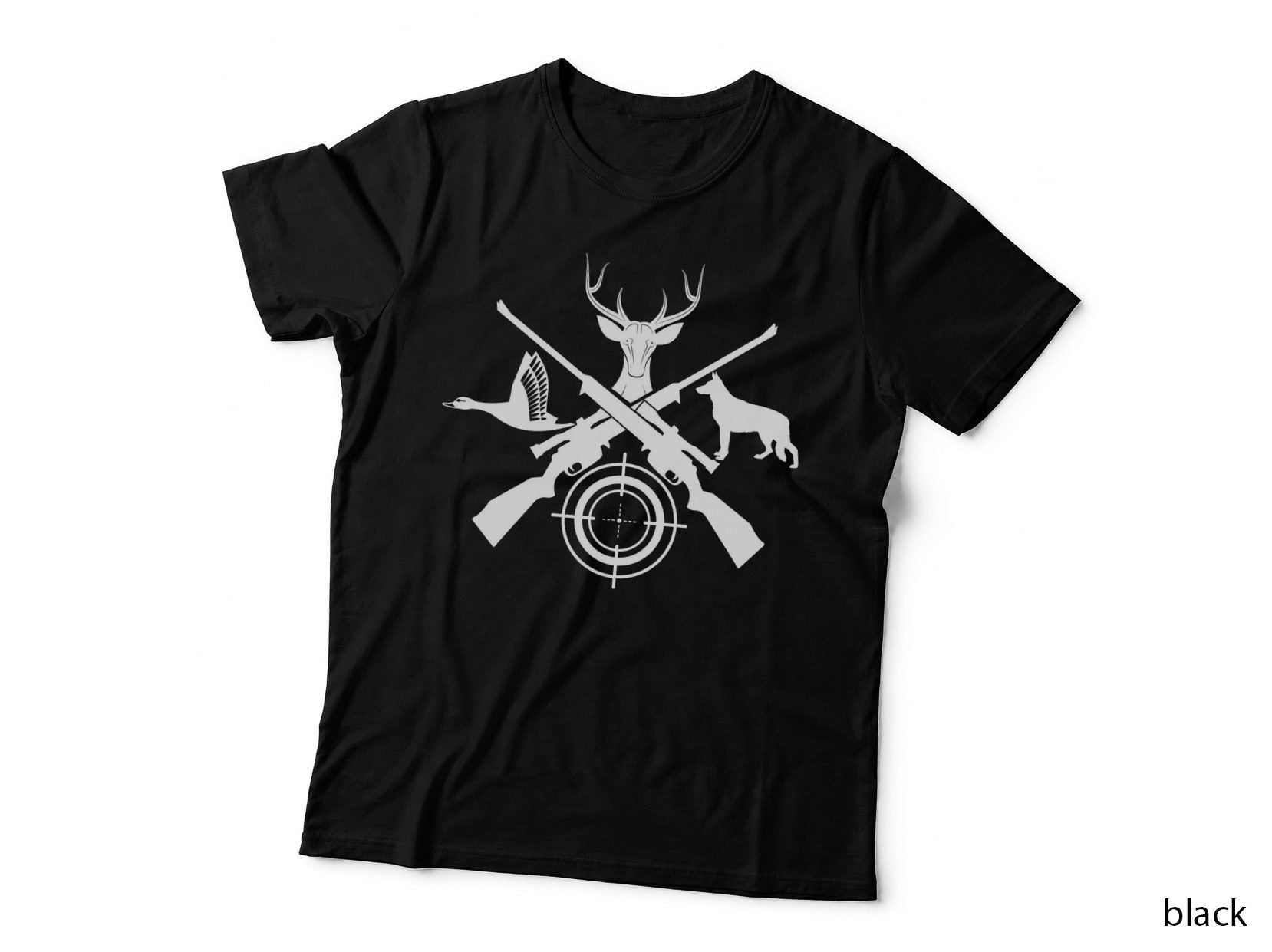 Hunting Silhouette with Deer Dog Duck Rifles Target T-Shirt, Trendy Graphic Tee