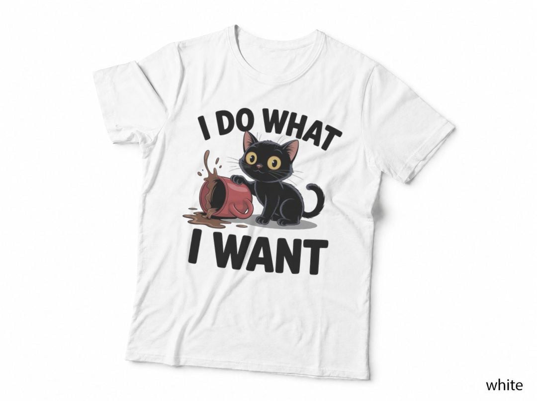 I Do What I Want Cat T-Shirt, Black Cat Knocking Over Mug with Graphic Tee