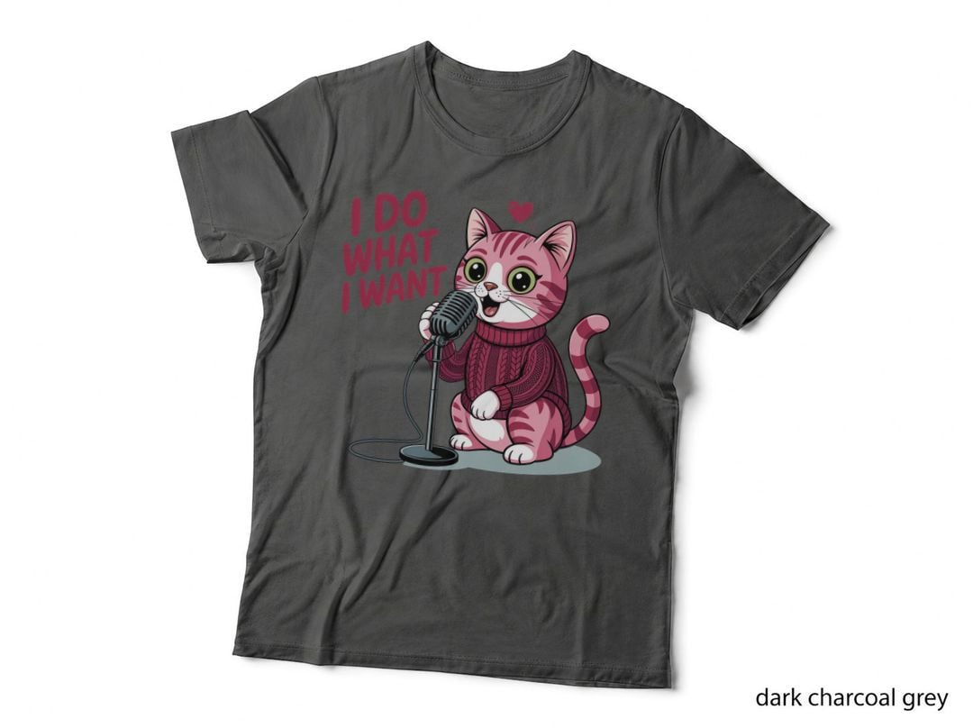 I Do What I Want Funny Cat T-Shirt, Pink Cat Singing into Microphone Graphic