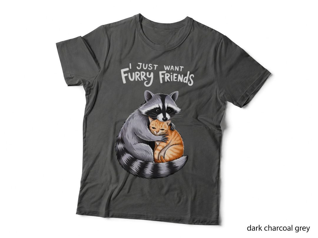 I Just Want Furry Friends Funny Cat T-Shirt, Raccoon Hugging Cat Illustration