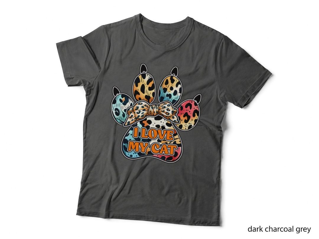 I Love My Cat T-Shirt, Colorful Leopard Paw Print with Bow Graphic Tee