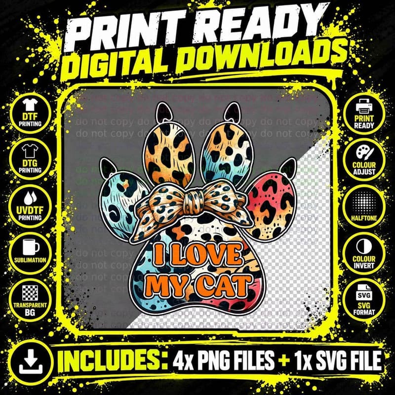 I Love My Cat T-Shirt, Colorful Leopard Paw Print with Png SVG Digital Bundle