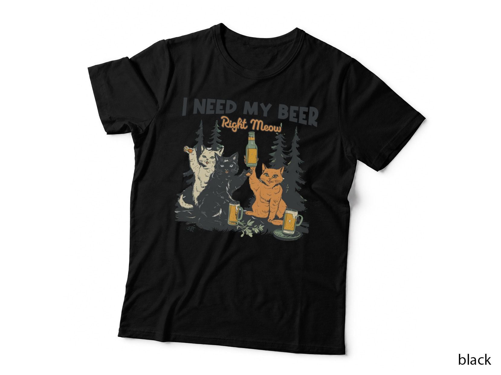 I Need My Beer Right Meow Cat T-Shirt, Cats in Forest with Beer Graphic Tee