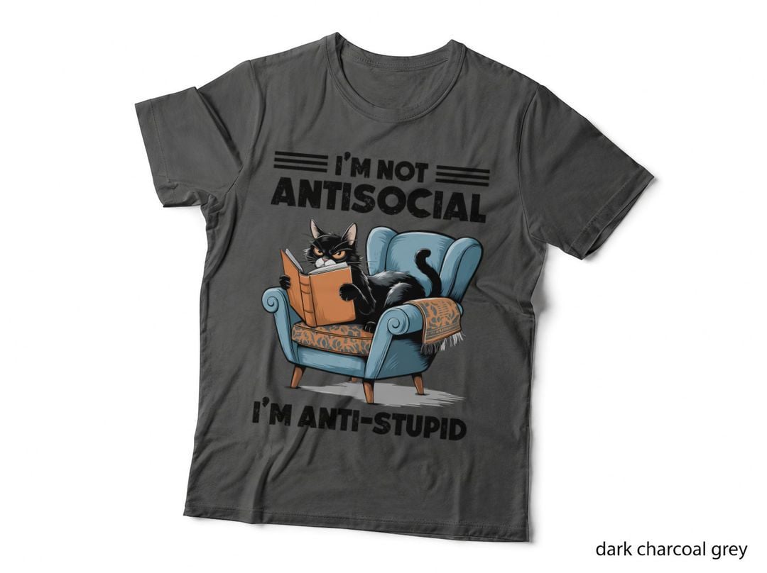 I'm Not Antisocial I'm Anti-Stupid Cat T-Shirt, Cat Reading Book in Armchair