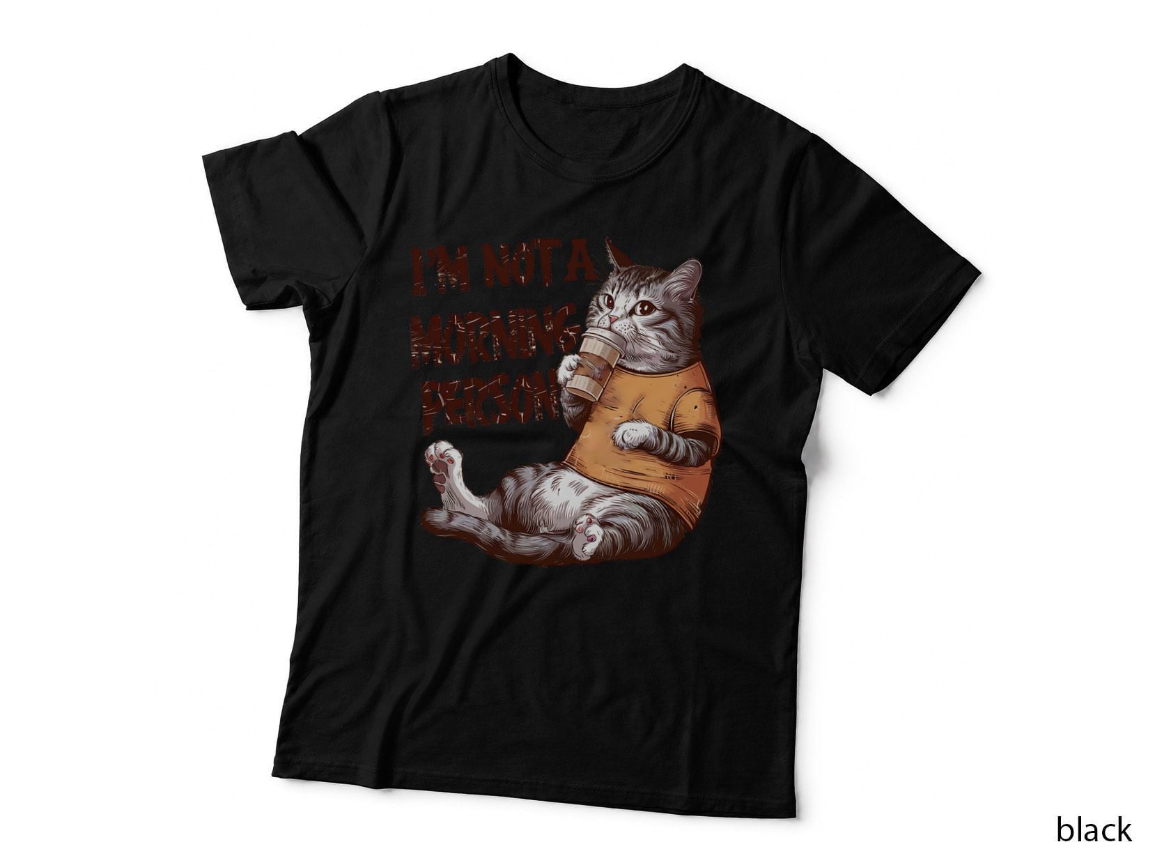 I'm Not a Morning Person! Funny Cat T-Shirt, Lazy Cat Drinking Coffee Graphic
