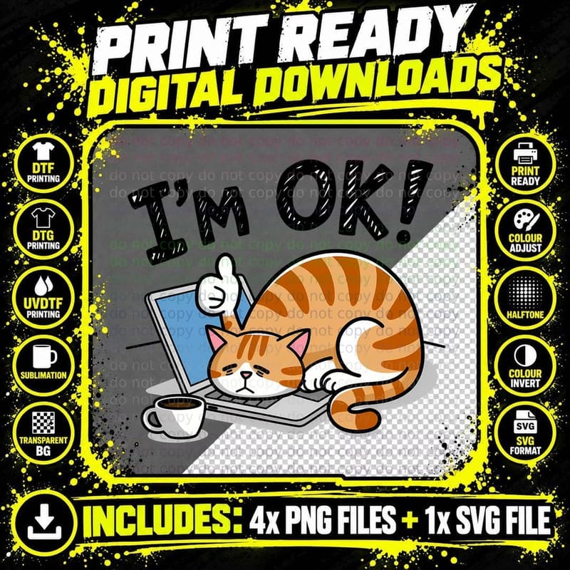 I'm Ok! Funny Cat T-Shirt, Cat Sleeping on Laptop with Png SVG Digital Bundle