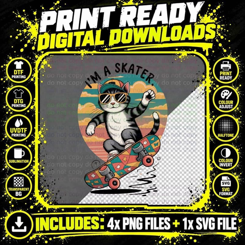 I'm a Skater. Cat T-Shirt, Cat Skateboarding with Png SVG Digital Bundle