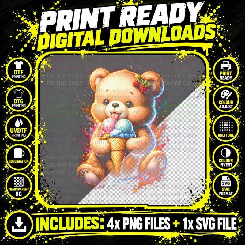 Ice Cream Cone Bear T-Shirt, Halftone Cute Teddy Bear Png SVG Digital Bundle