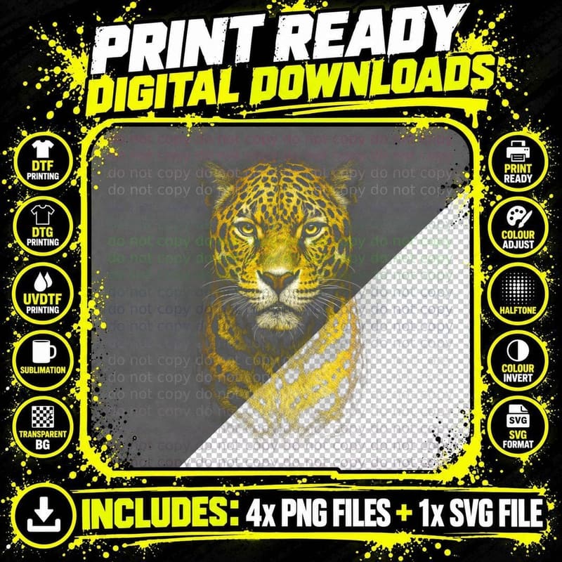 Jaguar T-Shirt, Halftone Big Cat Portrait Graphic Tee Png SVG Digital Bundle
